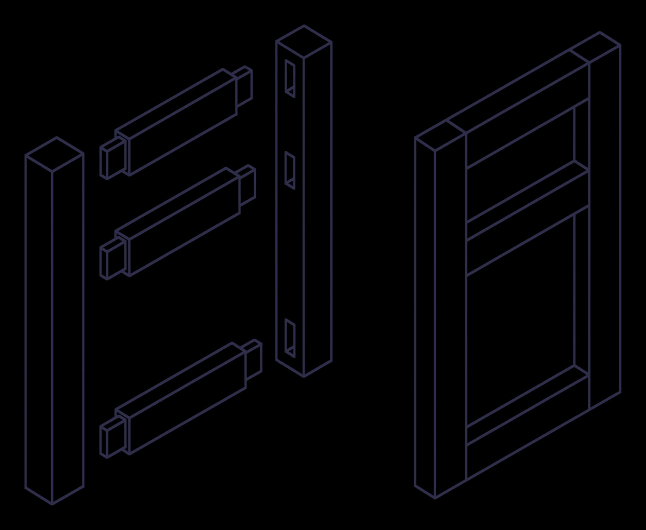 A line drawing of a timber frame shown twice: on the left its parts laid out, a post, three rails with tenons and a post with three mortises, and on the right the same frame assembled.