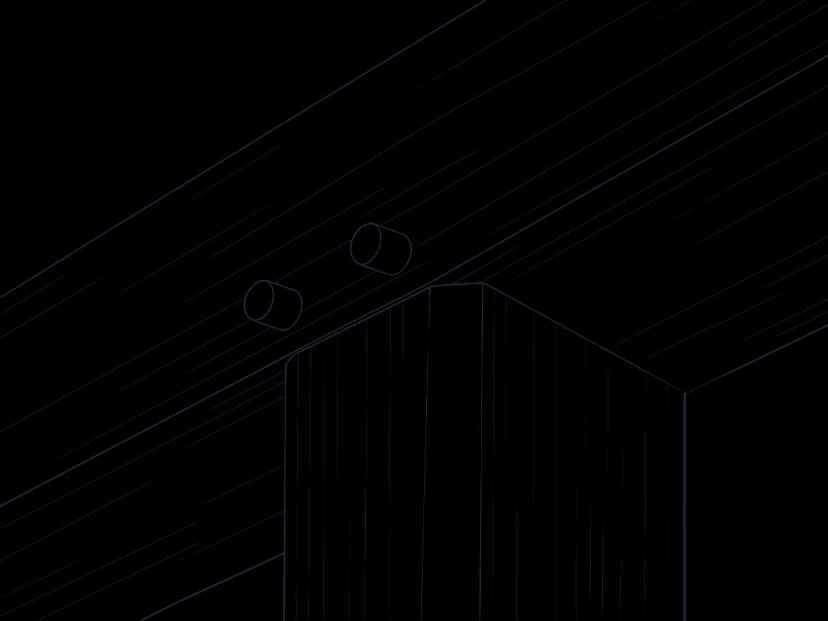 A line drawing of a timber beam resting in the top of a post, held with two wooden pegs