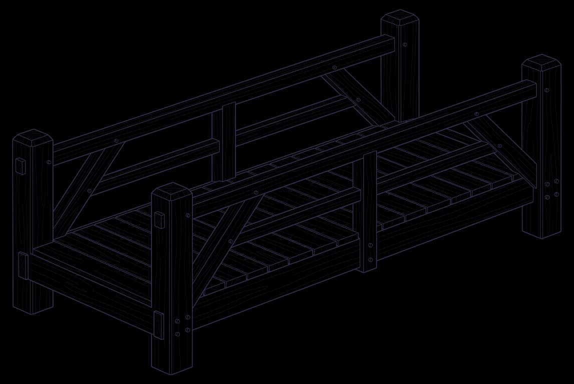 A line drawing of a short timber footbridge: four heavy posts, two handrails, diagonal braces, long side beams and a deck of planks, with wooden pegs and tenon blocks showing at the joints