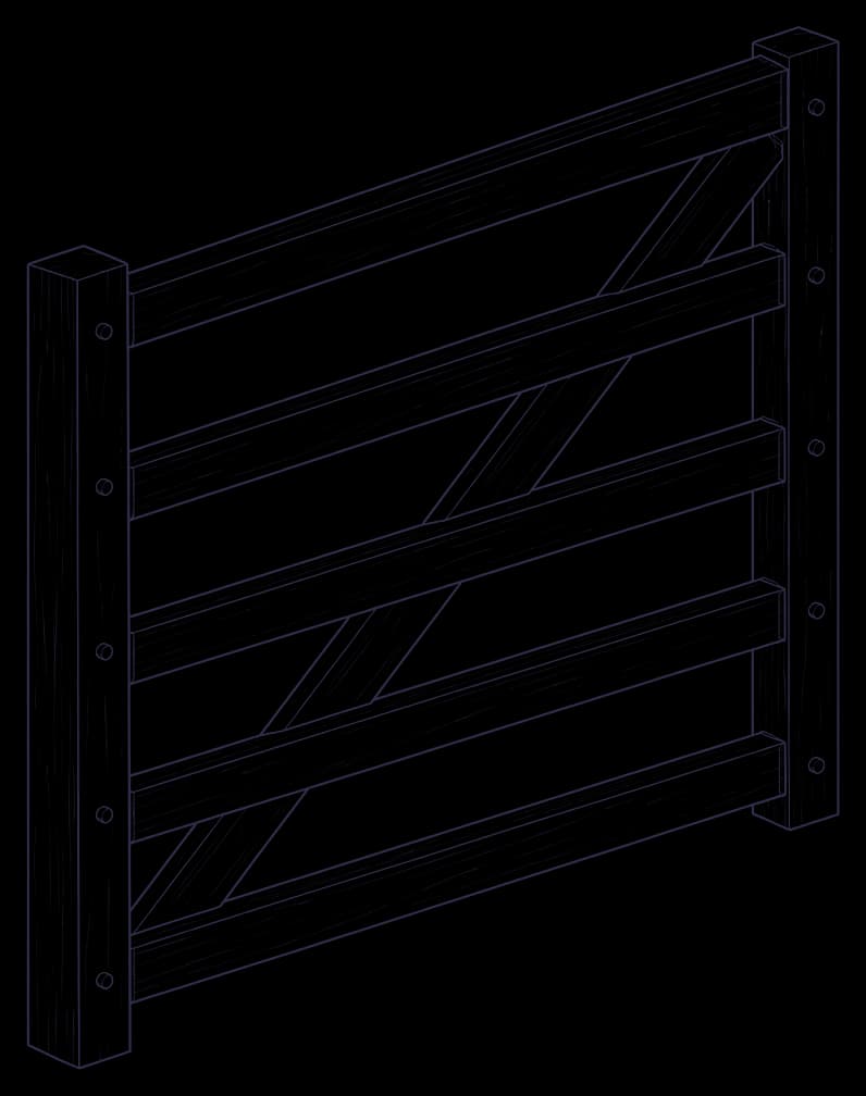 A line drawing of a timber five-bar gate: two upright stiles, five horizontal bars and a diagonal brace, with wooden pegs through the stiles