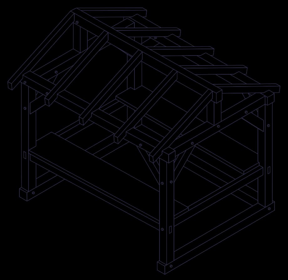 A line drawing of a small open-fronted timber market stall: four posts, a pitched roof frame with rafters and purlins, a long front counter and a shelf along the back