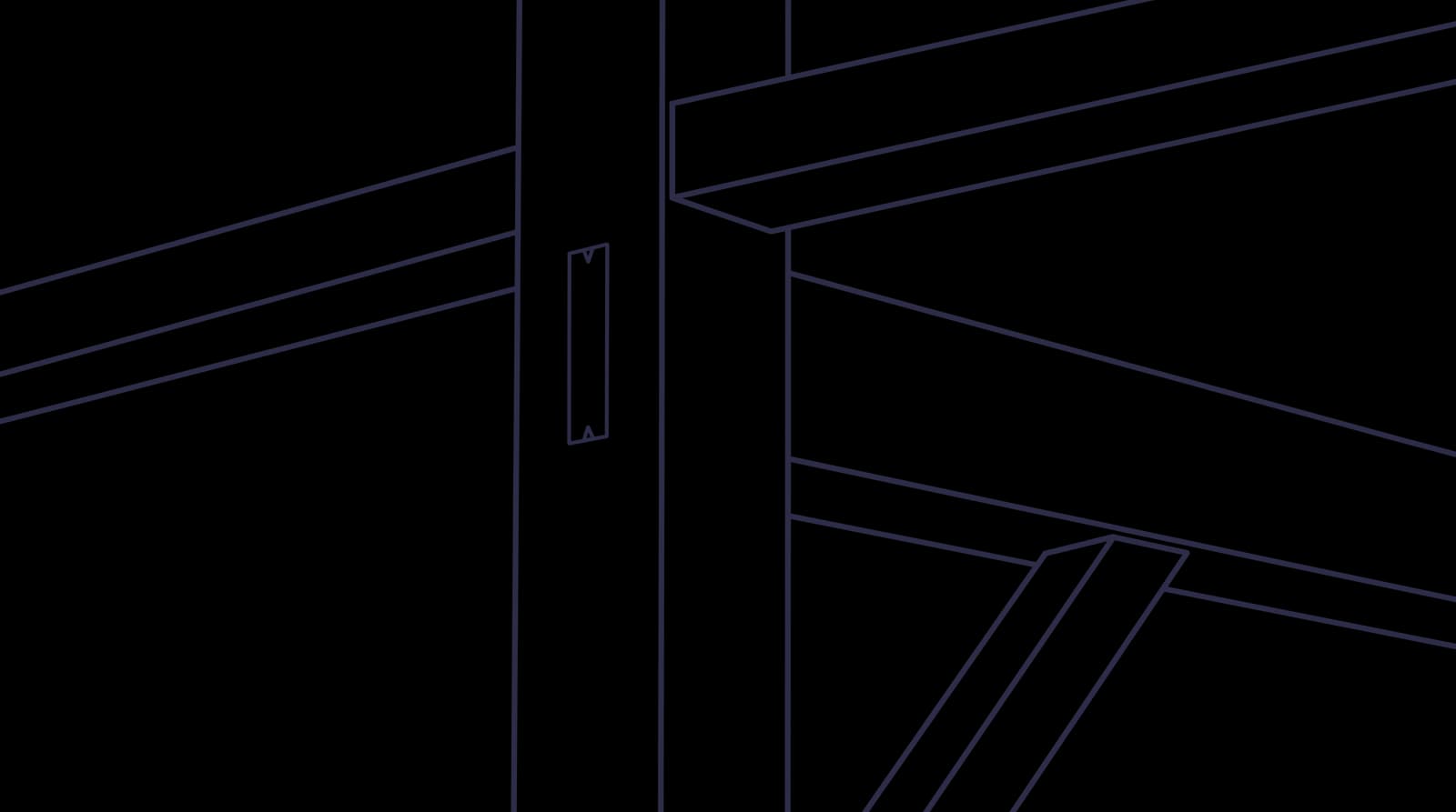 A line drawing of a timber frame up close: a post with a through tenon showing in its face, crossed by beams and a diagonal brace