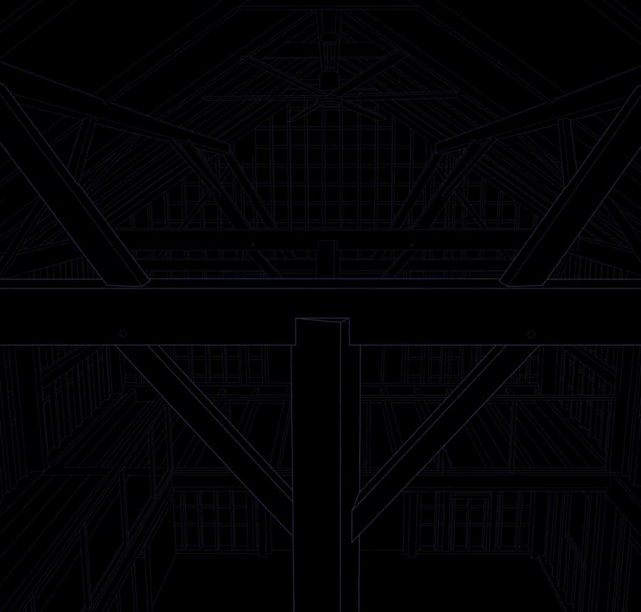 A line drawing of a timber roof frame seen from below: a king post, tie beam, rafters and braces