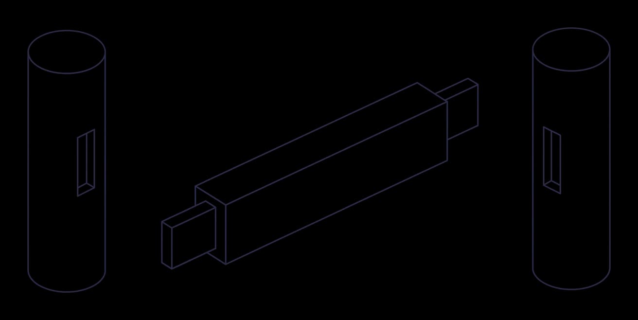 A line drawing of a rail with a tenon at each end, drawn between two round posts with a mortise cut into each