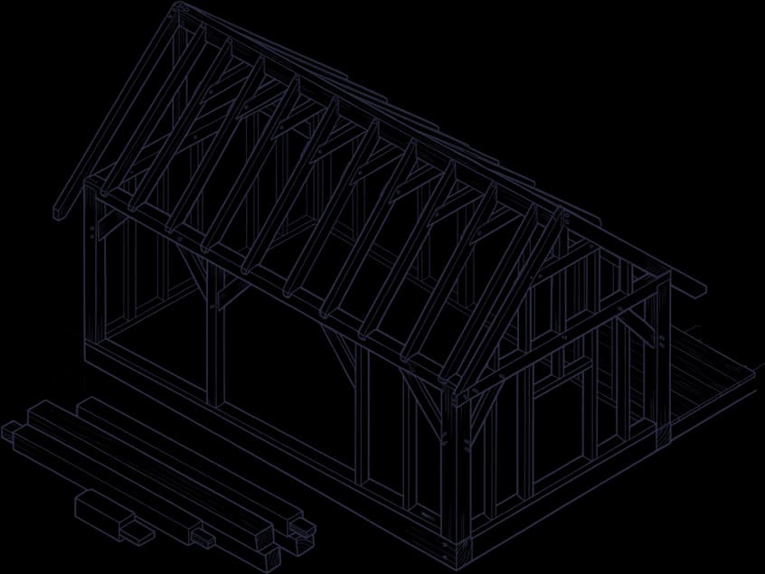 A line drawing of a timber house frame partway through being built: walls of posts and studs, rafters up for the roof, and a stack of timber on the ground beside it