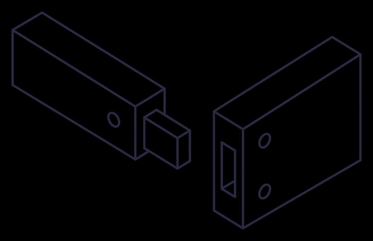 A line drawing of a mortise and tenon joint: a tenon on one piece of timber, drawn apart from the mortise cut into the other