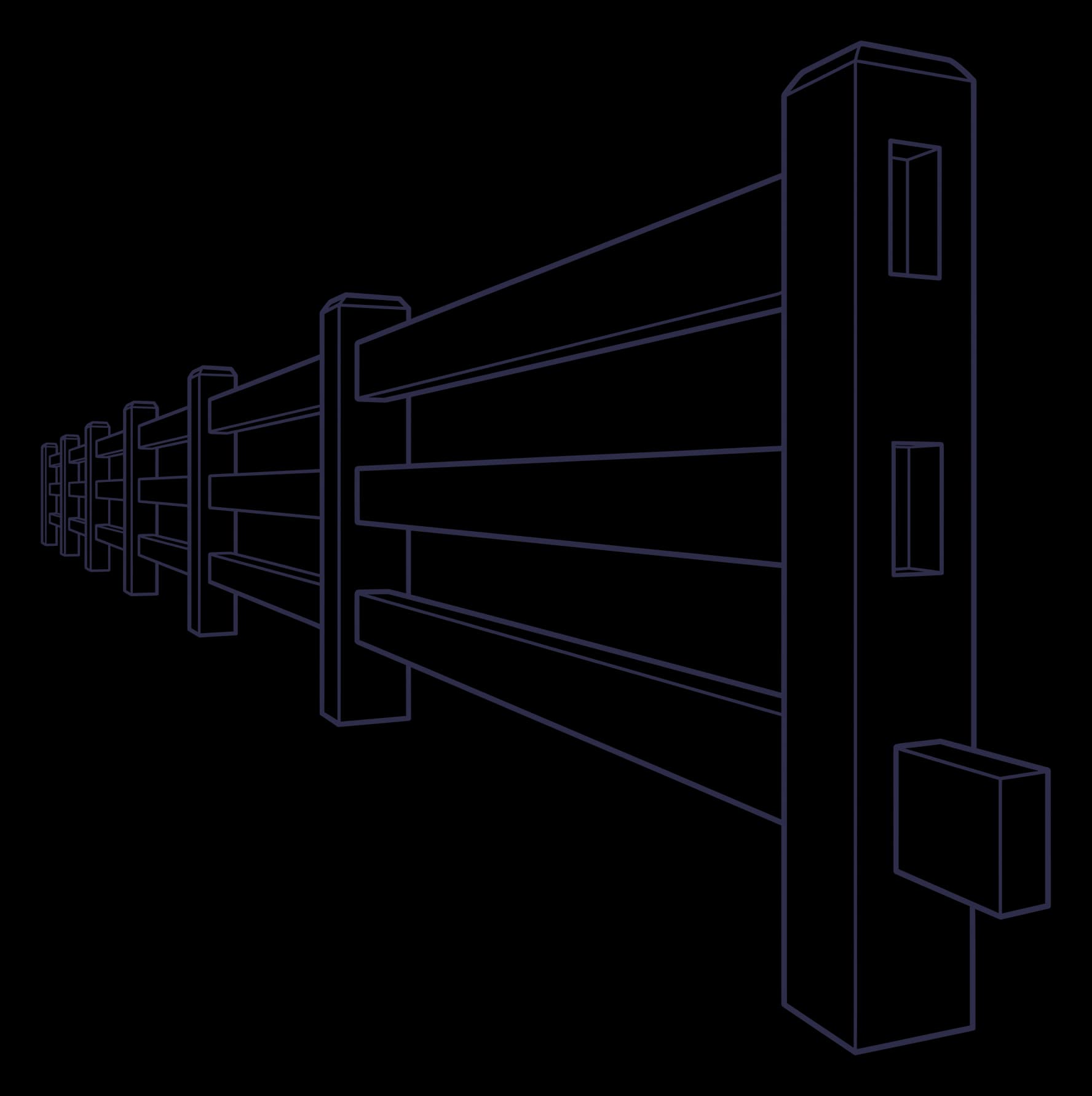 A line drawing of a timber post and rail fence running into the distance, the nearest post cut with open mortises ready for the next rails