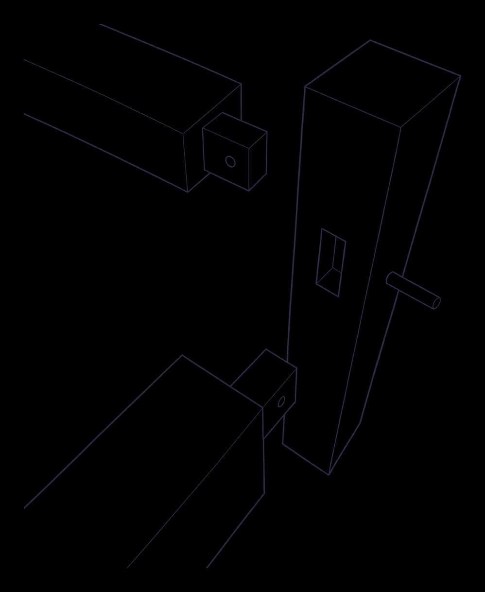 A line drawing of an upright post with a mortise and a peg, and two rails with tenons on their ends coming to it from either side