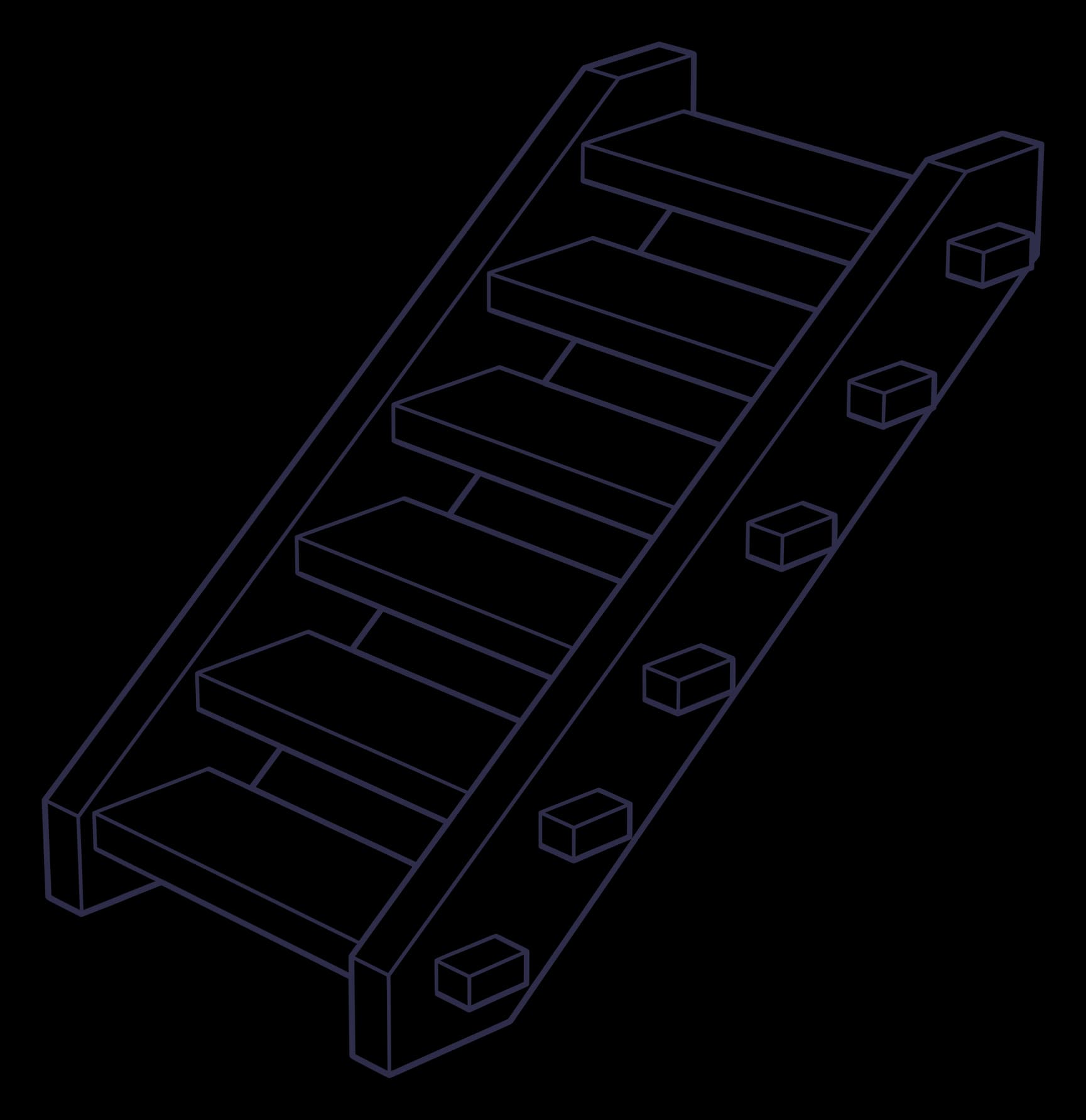 A line drawing of an open timber staircase, each tread passing through the side stringer with its tenon end showing on the outside