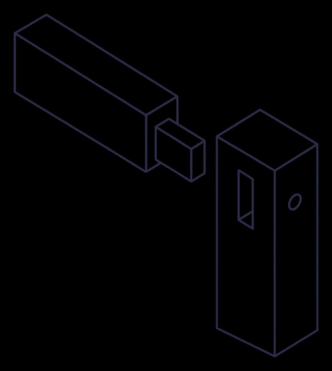 A line drawing of a mortise and tenon joint: a horizontal rail with the tenon on its end, drawn apart from the upright post with the mortise cut into it
