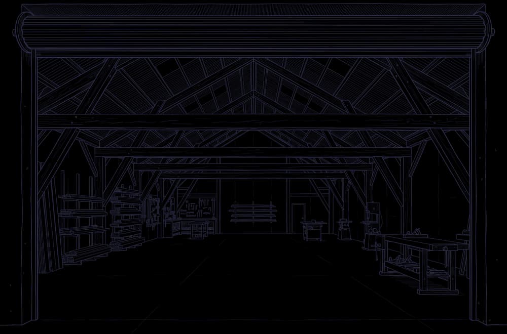 Line drawing of a timber framed warehouse seen through a raised roller door, with timber racks and workbenches inside.