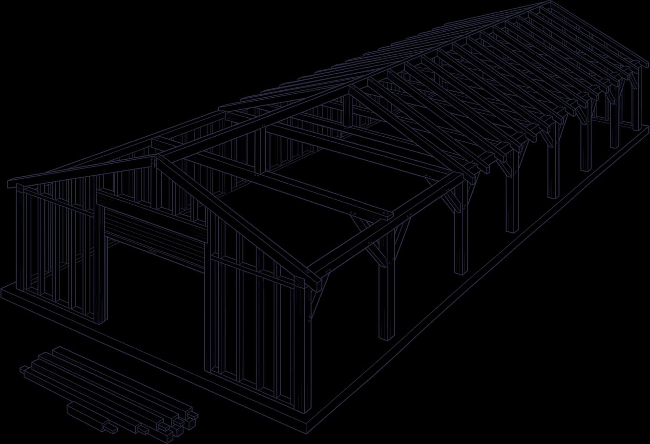 A line drawing of a long timber-framed warehouse partway through being built: posts, braced beams and roof rafters, a wide roller door opening at one end, and a stack of timber beside it