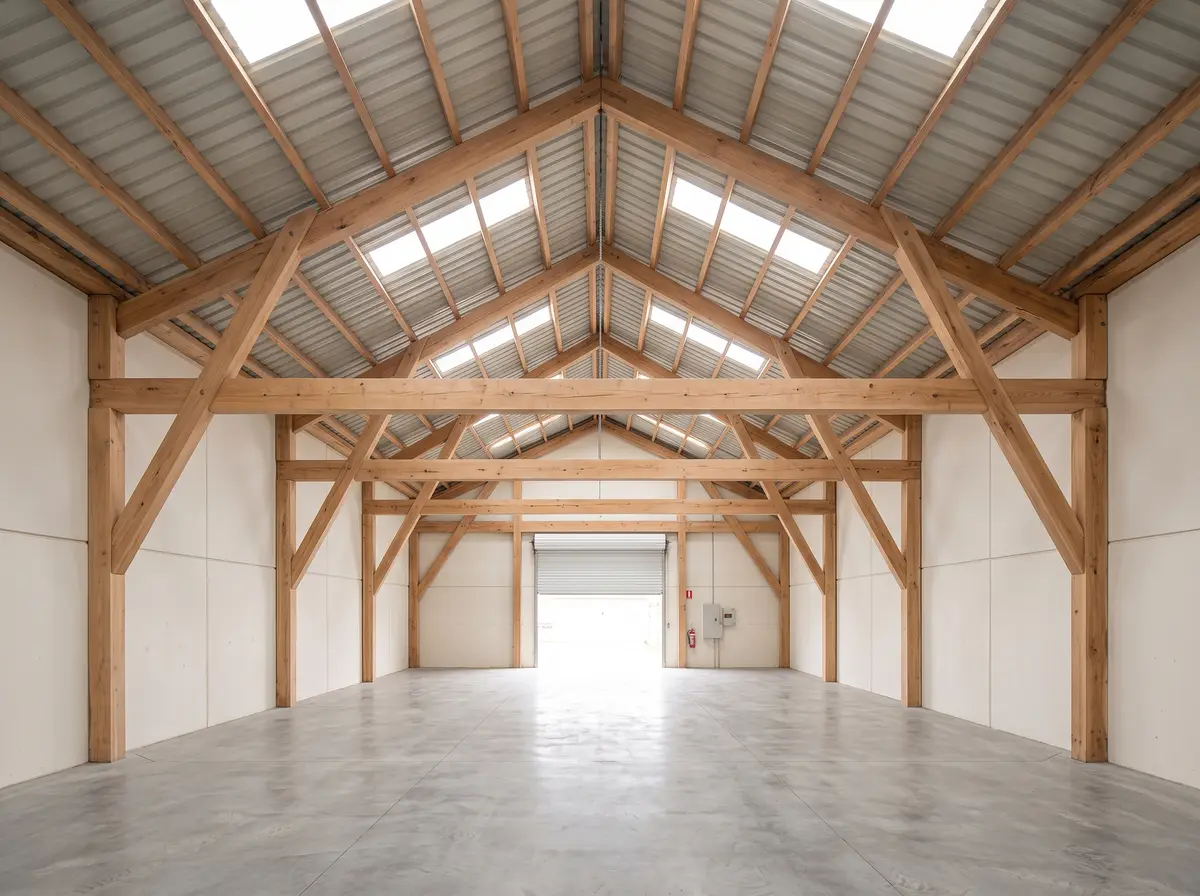 The empty interior of a timber-framed warehouse: pale timber roof trusses and braced posts, skylights in the roof, a polished concrete floor, and a roller door at the far end half open to daylight