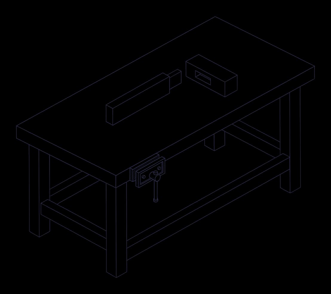 A line drawing of a workbench with a vice, and the two parts of a mortise and tenon joint lying on the top before assembly